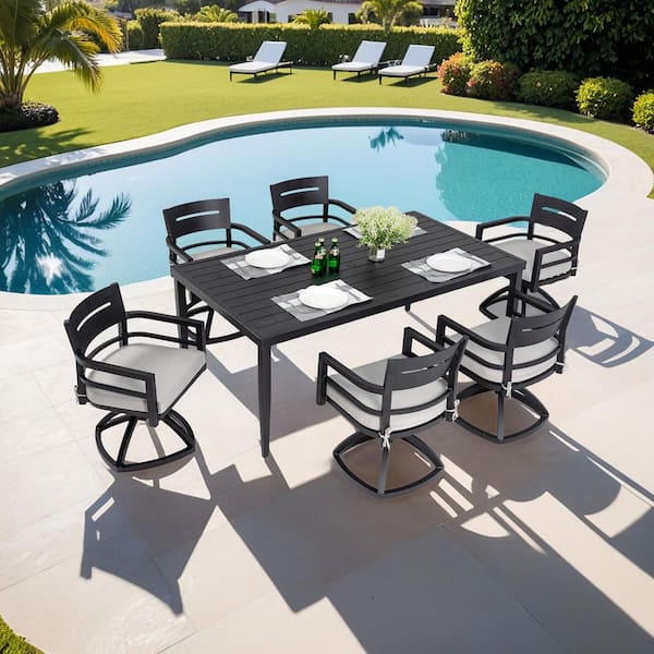 Black 7 Piece Patio Aluminum Outdoor Dining Set, 6 Swivel Rockers with Sunbrella Cushion