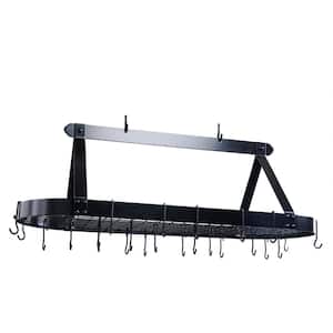 Matte Black Oval Hanging Pot Rack with Grid and 24-Hooks