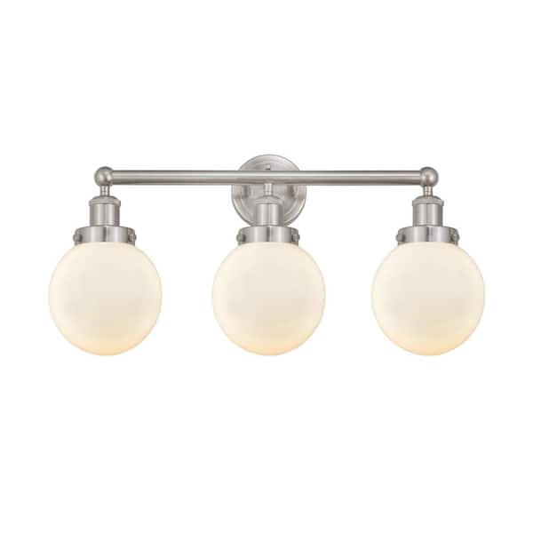 Beacon 24.5 in. 3-Light Brushed Satin Nickel, Matte White Vanity Light with White Glass Shade