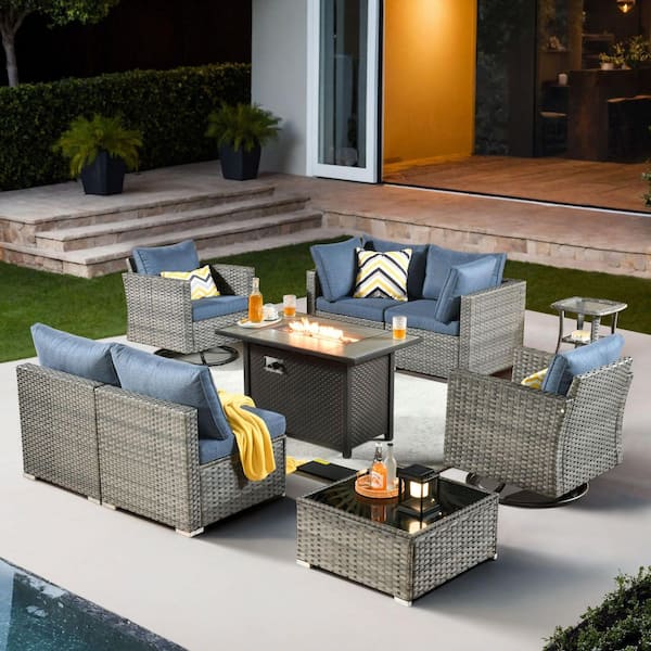 Echo 9-Piece Wicker Patio Rectangular Fire Pit Set with Denim Blue Cushions and Swivel Rocking Chairs