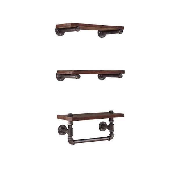 Benjara 9 in. L x 20 in. W x 9 in. H Brown Floating Style Wooden Wall Shelf with Pipe Design Base