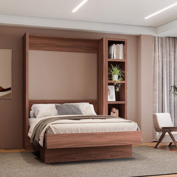 Easy-Lift Brown Wood Frame Full Murphy Bed with Bookshelf