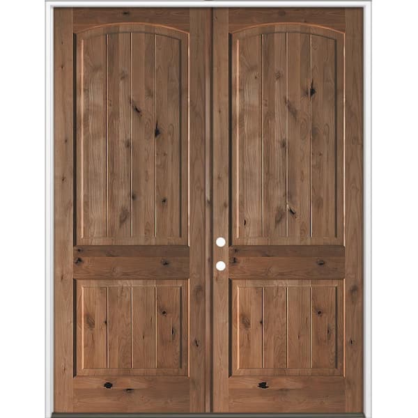 72 in. x 96 in. Rustic Knotty Alder Arch Top VG Right-Hand/Inswing BEHR True Black Stain Double Wood Prehung Front Door