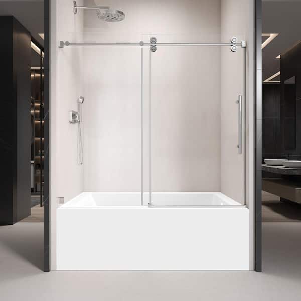 grossag 60 in. W x 66 in. H Frameless Sliding Tub Door in Chrome with 3/8 in. (10 mm) Tempered Clear Glass