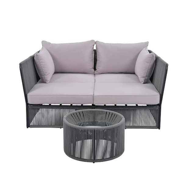 Tenleaf 2-Piece Black Metal Outdoor Double Chaise Lounge Loveseat Day Bed with Gray Cushions, Clear Tempered Glass Table