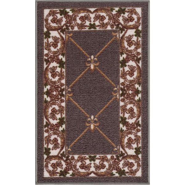 Carpet Mat Fleur De Lis Design Slip Resistant, D.Grey, 19.5 in. x 32 in.