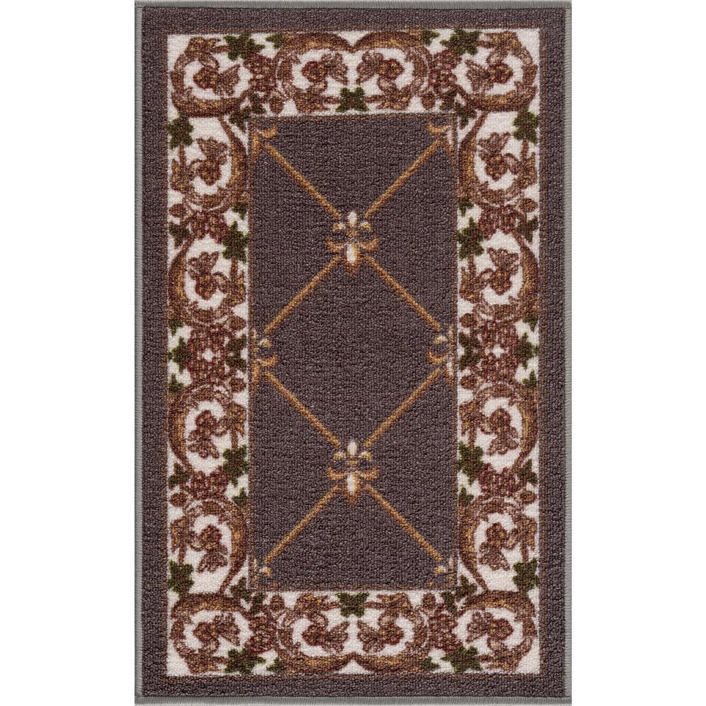 Carpet Mat Fleur De Lis Design Slip Resistant, D.Grey, 19.5 in. x 32 in.
