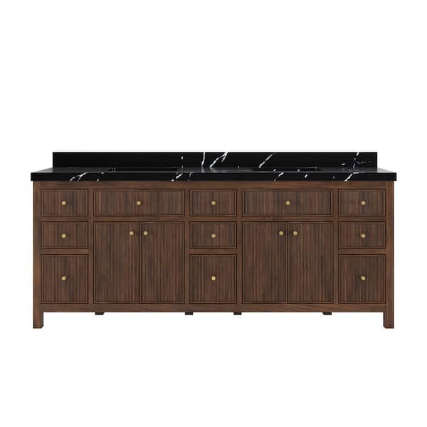 Willow Collections Sonoma Teak 84 in. Double Sink Freestanding Dark Walnut Bath Vanity with Calacatta Black Qt. Top Unassembled