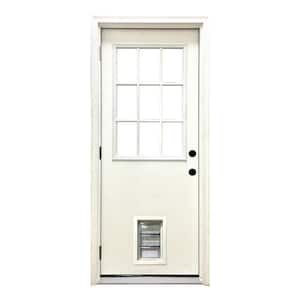 36 in. x 80 in. Reliant Series Clear 9 Lite RHOS White Primed Fiberglass Prehung Back Door with Med Pet Door