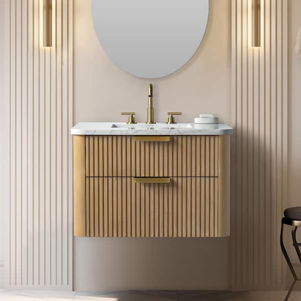 Warren 36 in. W Floating Bath Vanity in Classic Oak with Engineered Stone Top in Arabescato and White Sink