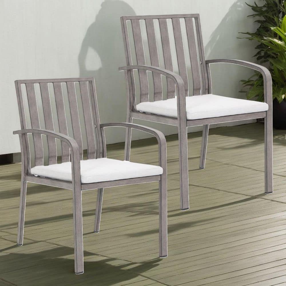 2 Piece Aluminum Outdoor Dining Chairs with White Cushion Patio Metal Seati
