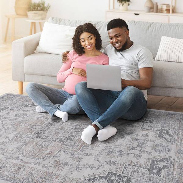 6 X 7 Ivory Grey Abstract Washable Area Rug for Bedroom, Dining Room, Living Room