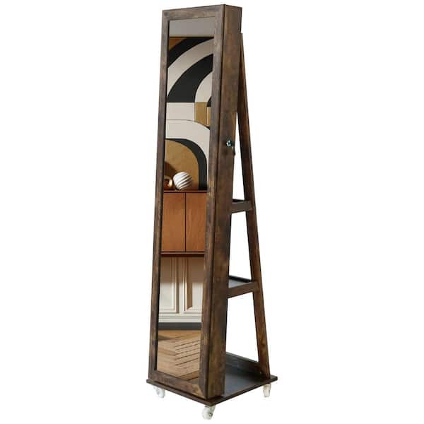 Antique Gray Full-Length Mirror 360° Swivel Storage Jewelry Box with LED Lights & Rollers, Lockable Storage
