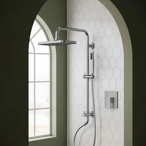 5-Spray Rectangle High Pressure Wall Mount Dual Fixed and Handheld Shower Head 2.5 GPM in Brushed Nickel Valve Included