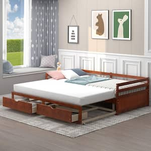 Cherry Convertible Twin to King Daybed with 2-Drawers Wooden Sofa Bed for Bedroom Living Room