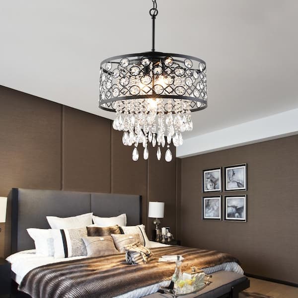 Indianapolis 5-Light 16.9 in. Black Crystal Modern Drum Dimmable Chandeliers Living Dining Foyer Lighting，ETL Listed