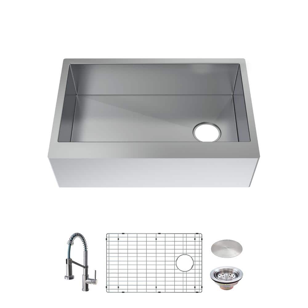 Glacier Bay Professional 30 in All-in-One Farmhouse/Apron-Front 16G Stainless Steel Single Bowl Kitchen Sink with Spring Neck Faucet, Silver
