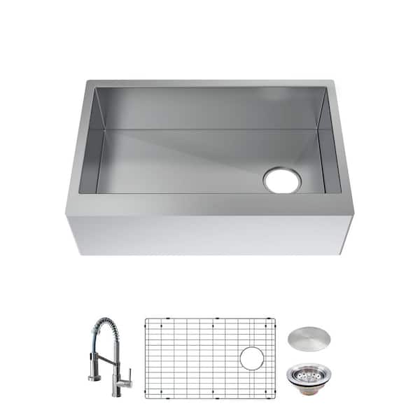 Glacier Bay Professional Zero Radius 30 in. Apron-Front Single Bowl 16 Gauge Stainless Steel Workstation Kitchen Sink with Faucet