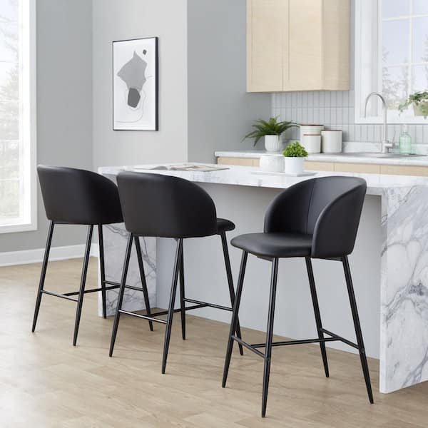 Fran 26 in. Black Metal and Black Faux Leather Fixed-Height Counter Stool (Set of 2)