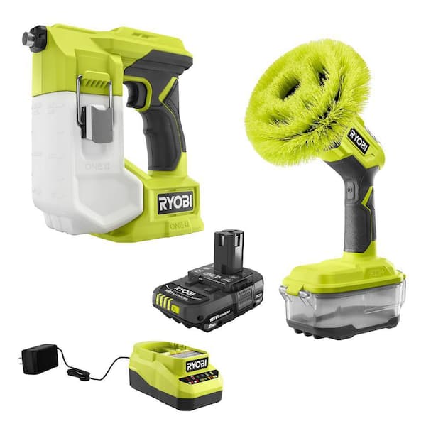 ONE+ 18V Cordless Compact Power Scrubber Kit with 2.0 Ah Battery, Charger, and ONE+ 18V Chemical Handheld Sprayer