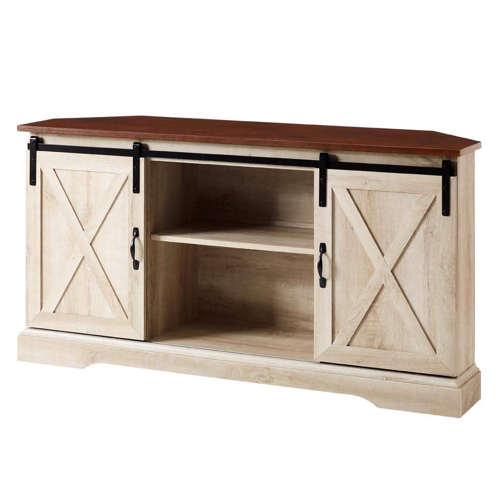 Traditional Brown and White Oak Corner TV Stand with Sliding Barn Doors