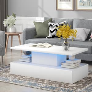 47 in. White Rectangle Wood Top Coffee Table with 16 Colors LED Lights and Remote Control