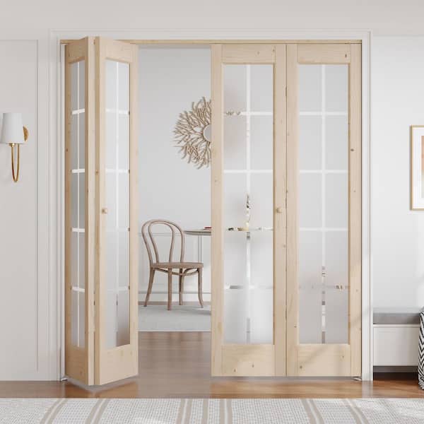72 in. x 80 in. 3/4 Lite Frosted Glass Preassembled Solid Core Wood Spruce Bi-fold Door with Hardware