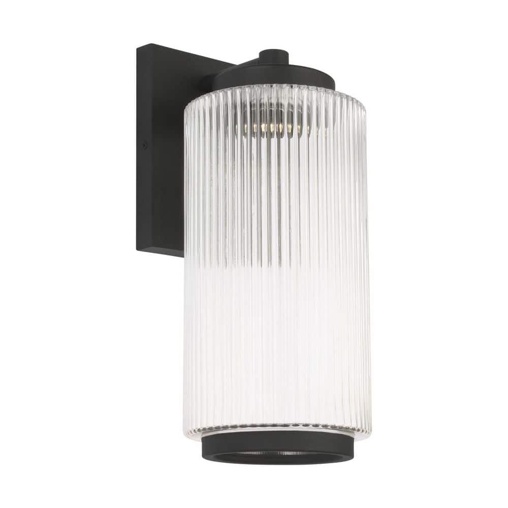 Ronde Medium 14 in. Textured Black Outdoor Hardwired Wall Lantern Scone with Integrated LED and Clear Ribbed Glass Shade price history on PriceWatchPro