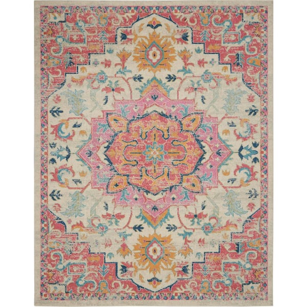 Nourison Passion Ivory/Pink 9 ft. x 12 ft. Persian Modern Transitional Area Rug