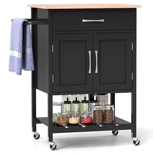 Rolling Kitchen Island Cart Black Kitchen Cart with Drawer 2-Door Storage Cabinet Bottom Tray