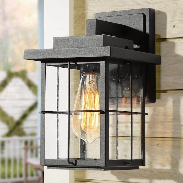 11 in. Modern Black Outdoor Wall Lantern Sconce Farmhouse 1-Light Porch/Patio Seeded Glass Wall Lamp Exterior Lighting