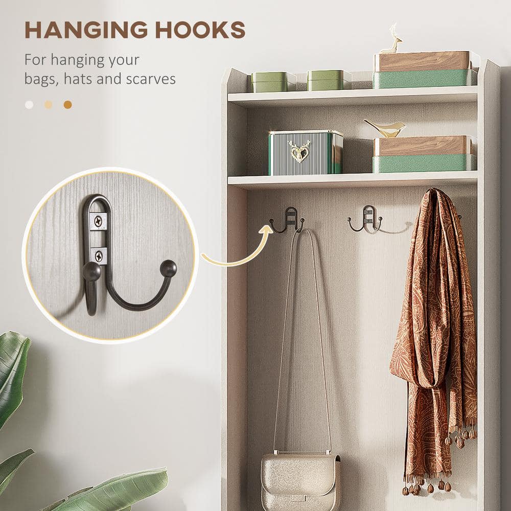 White Wood Hall Tree with Storage Bench and Coat Hooks