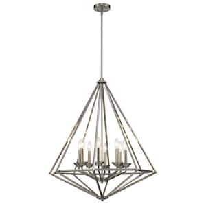 Hubley 8-Light Triangular Brushed Nickel Chandelier Light Fixture with Metal Cage Shade