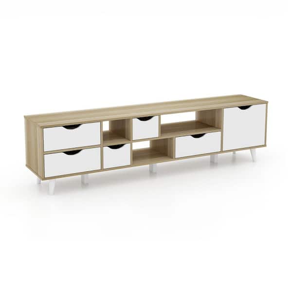 ANGELES HOME 59 in. Oak TV Stand Entertainment Center Fits TV's up to 65 in. Television Cabinet with 5-Drawers and 3-Open Shelves