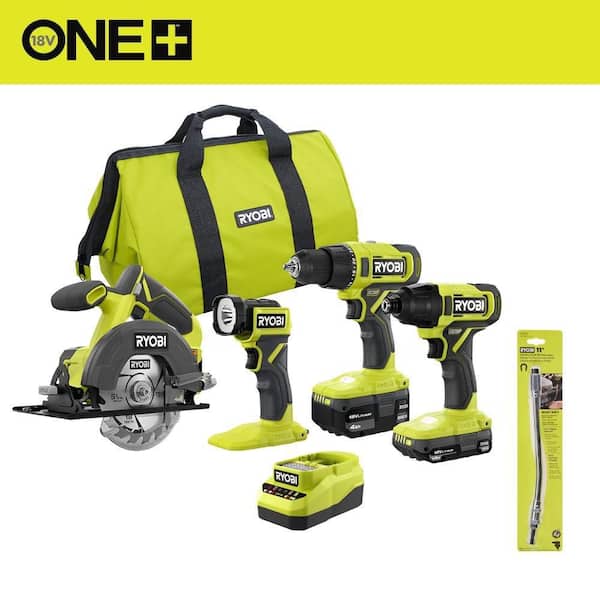 ONE+ 18V Cordless 4-Tool Combo Kit with 1.5 Ah Battery, 4.0 Ah Battery, Charger, and 11 in. Flexible Shaft Bit Holder