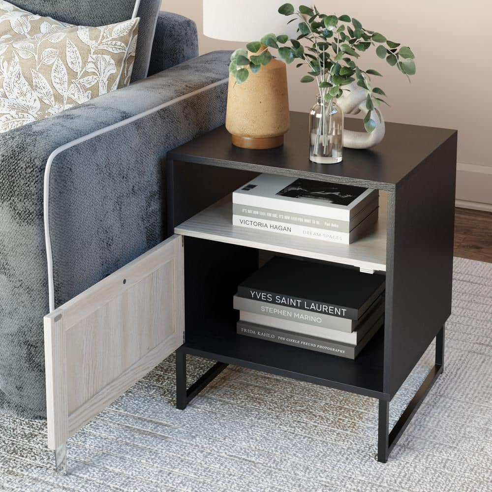 Mina Black Oak and Rattan Storage Accent Table