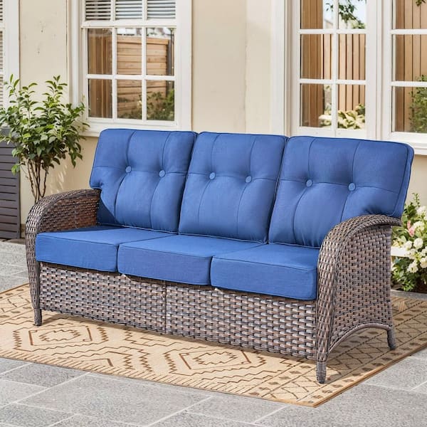 Tidalis 1-Piece Brown Wicker High Back Patio 3-Seater Sofa Outdoor Couch with 5 in. Thick Blue Cushions For Porch