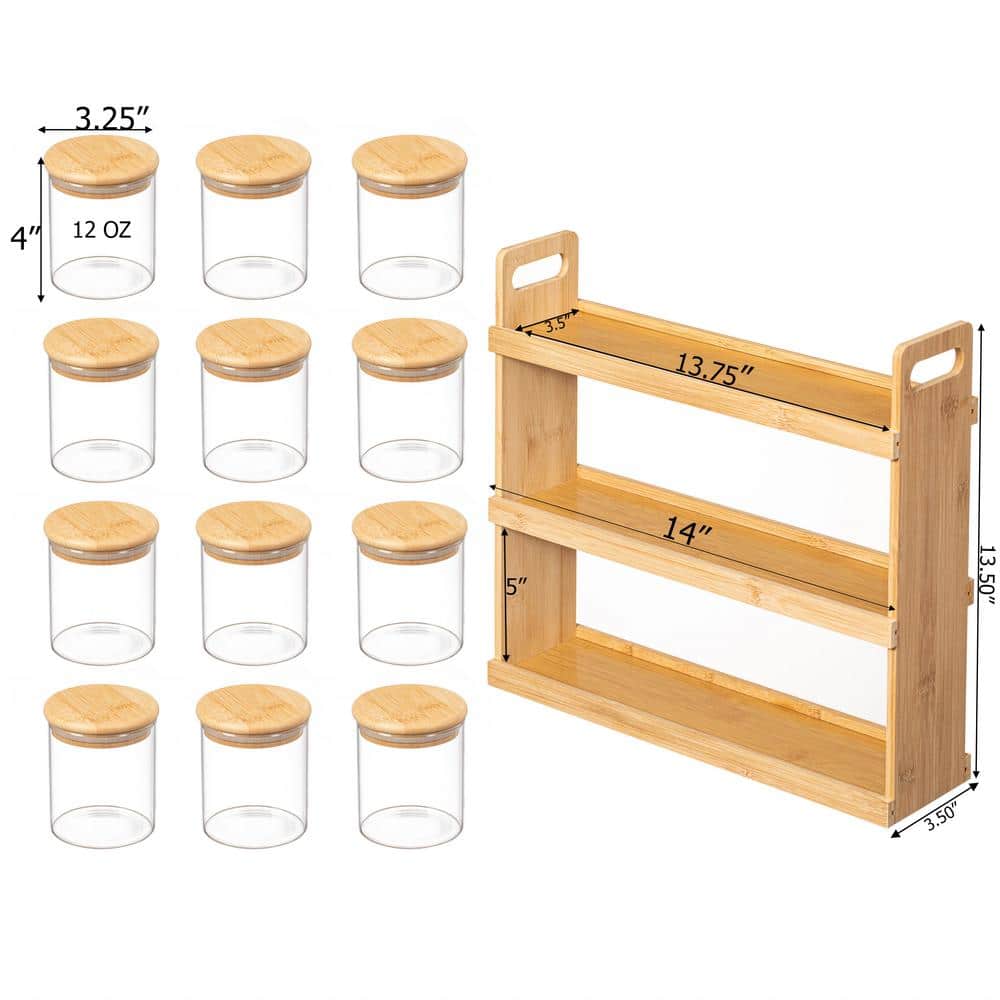Versatile 3-Tier Bamboo Spice Rack with 12 Glass Jars
