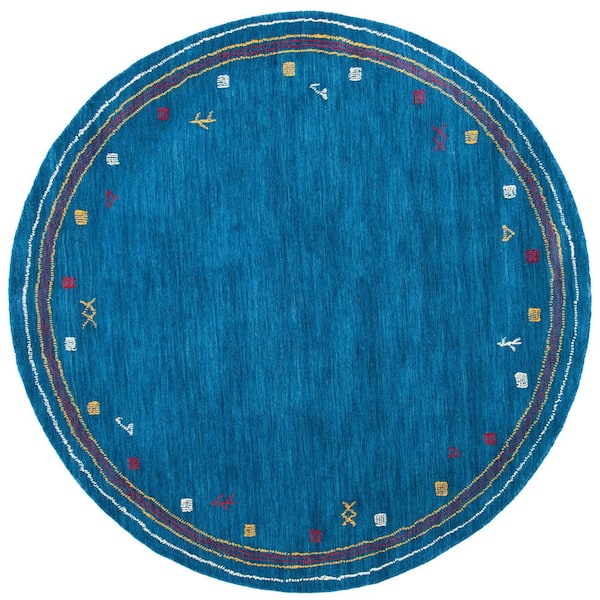 Himalaya 8 ft. x 8 ft. Round Blue Border Geometric Area Rug