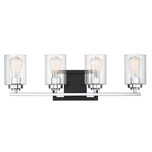 Redmond 27.5 in. W x 9.25 in. H 4-Light Matte Black/Polished Chrome Bathroom Vanity Light with Clear Glass Shades