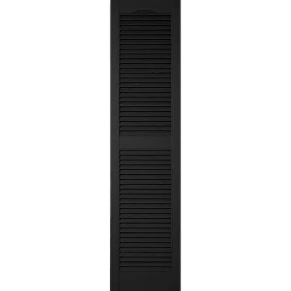 Ekena Millwork 12 in. x 52 in. Lifetime Vinyl Custom Cathedral Top Center Mullion Open Louvered Shutters Pair Black