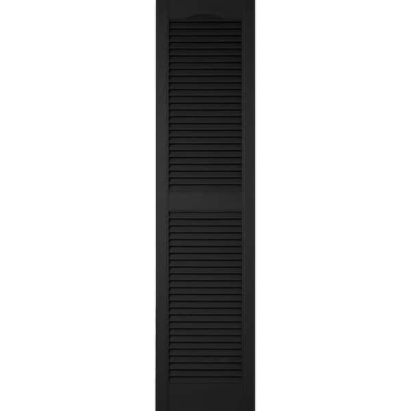 Ekena Millwork 14-1/2 in. x 67 in. Lifetime Vinyl Custom Cathedral Top Center Mullion Open Louvered Shutters Pair Black