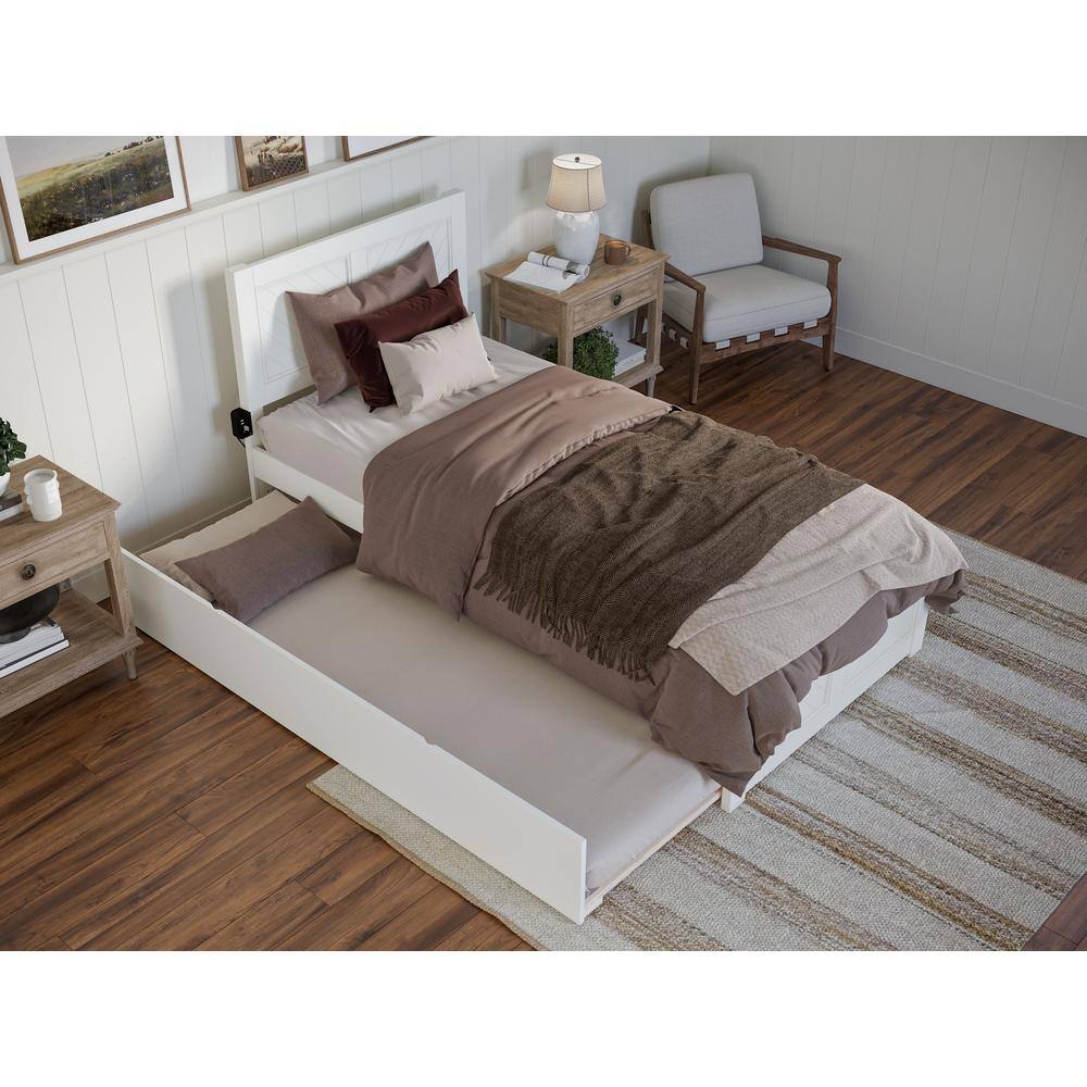 White Twin XL Wood Platform Bed with Trundle and Headboard