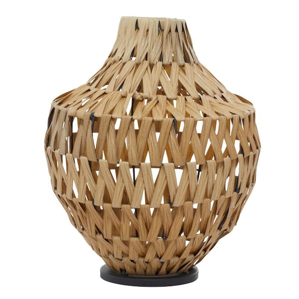 Litton Lane 17 in. Brown Handmade Woven Plastic Rattan Decorative Vase with Black Metal Base