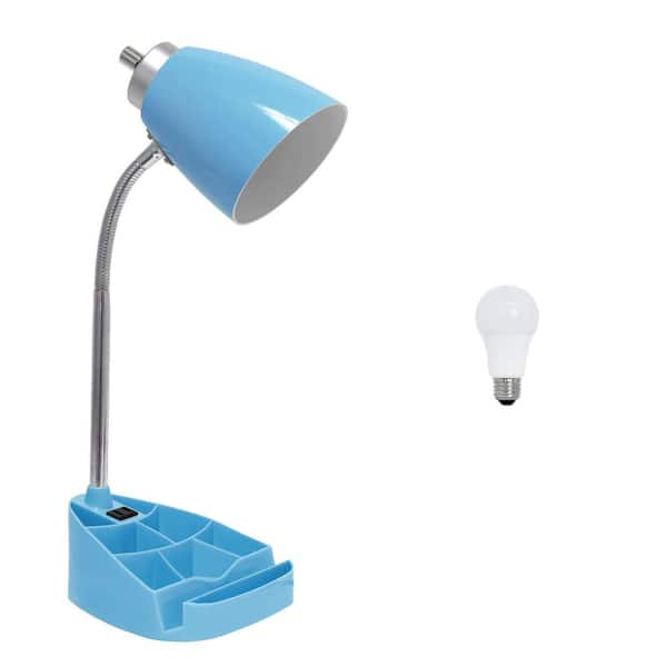 Simple Designs 18.5 in. Organizer Gooseneck Desk Lamp with iPad Tablet Stand Book Holder and Charging Outlet, with LED Bulb, Blue