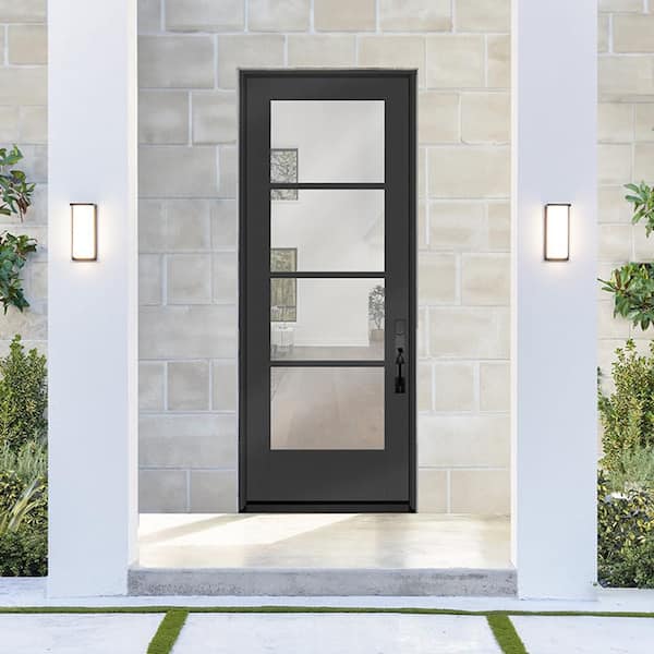 Legacy 36 in. x 96 in. Icon 4-Lite Modern Clear Glass LHIS Black Fiberglass Prehung Front Door with 6-9/16 in. Jamb
