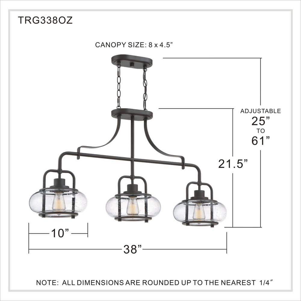 Trilogy 3-Light Old Bronze Island Pendant with Clear Seedy Glass
