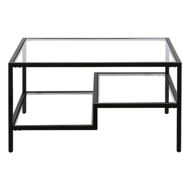 HomeRoots 32 in. Black Square Glass Coffee Table with Shelves;Storage