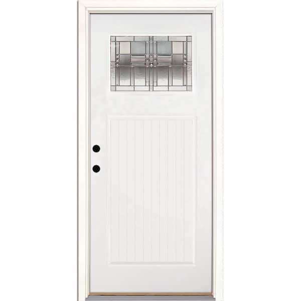 Feather River Doors 37.5 in. x 81.625 in. Monroe Zinc Craftsman 1/4 Lite Painted White Mahogany RH Inswing Fiberglass Prehung Front Door