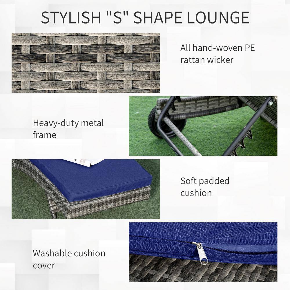 Dark Blue Wicker Outdoor Chaise Lounge with Adjustable Backrest